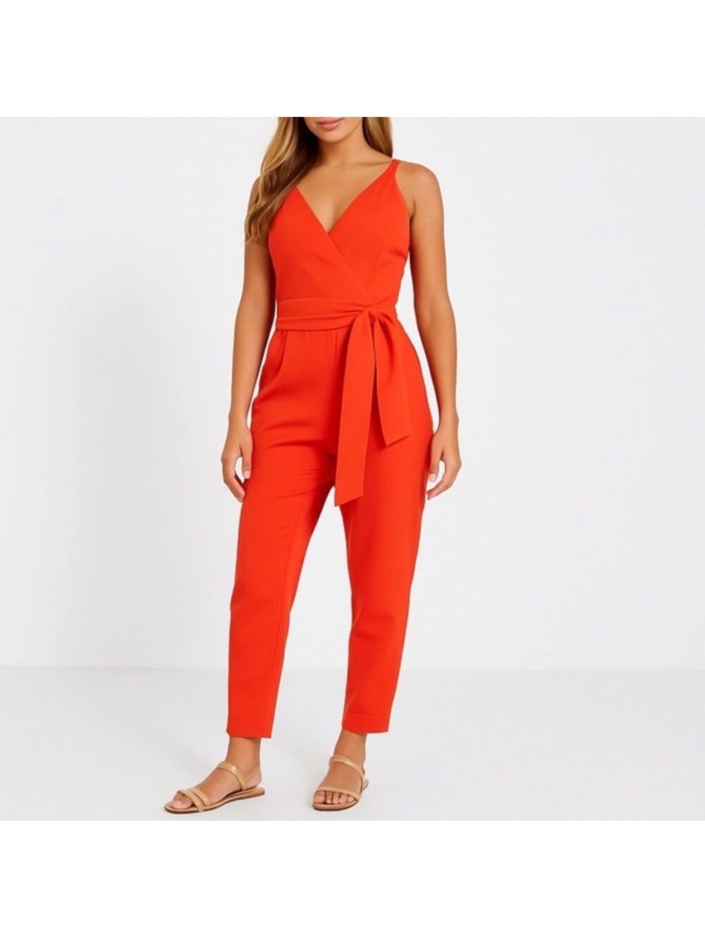 ASOS Orange-Red V-Neck Tie-Waist Jumpsuit